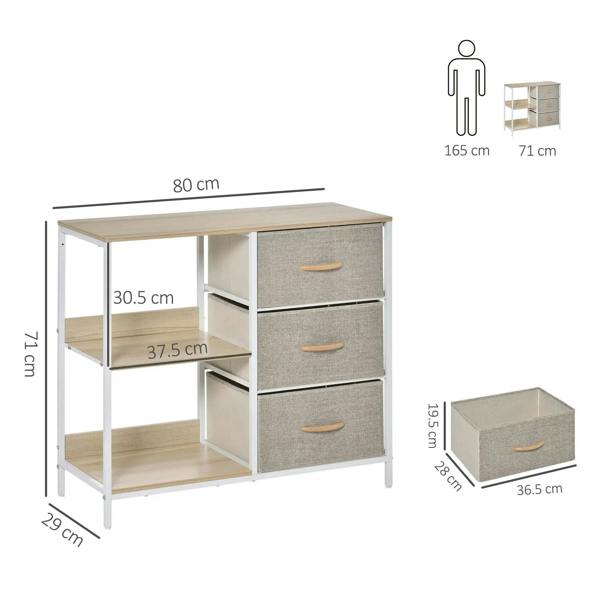 Storage dresser cabinet with three grey fabric drawers, light wood top, open shelves