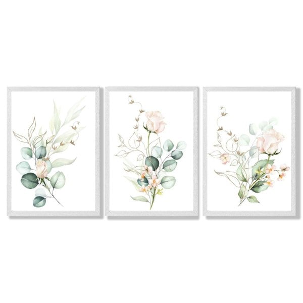 Pink Floral Roses Set of 3 Framed Art Prints with White Wooden Frames