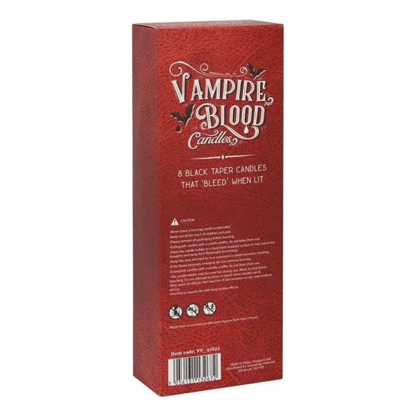 Red candle box back panel with warning text, barcode, and black taper candle set info