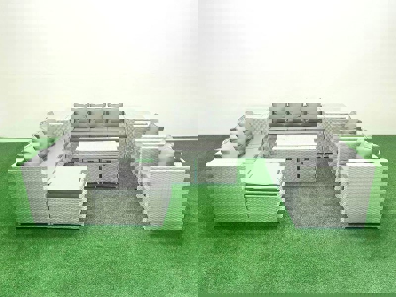 Fimous Outdoor Garden Furniture Rattan Sofa Set with 2 Armchairs Oblong Coffee Table 3 Footstools 2 Side Tables Light Grey Mixed