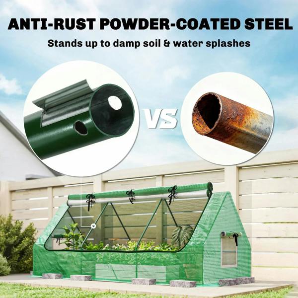 Green mini greenhouse with anti-rust powder-coated steel frame supports.