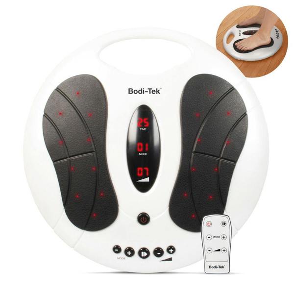 A Circulation Plus Active Lower Leg & Foot Exerciser (2025) in white with black footpads, digital display, control buttons, and remote. An inset shows a foot on the device to stimulate muscles and boost circulation.