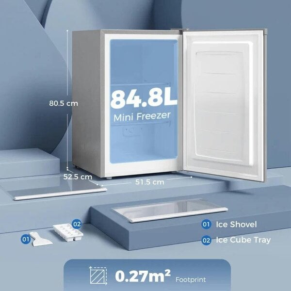 85L Mini Freezer Countertop, Compact Freestanding Upright Freezer with Reversible Door, Removable Glass Shelves, Grey