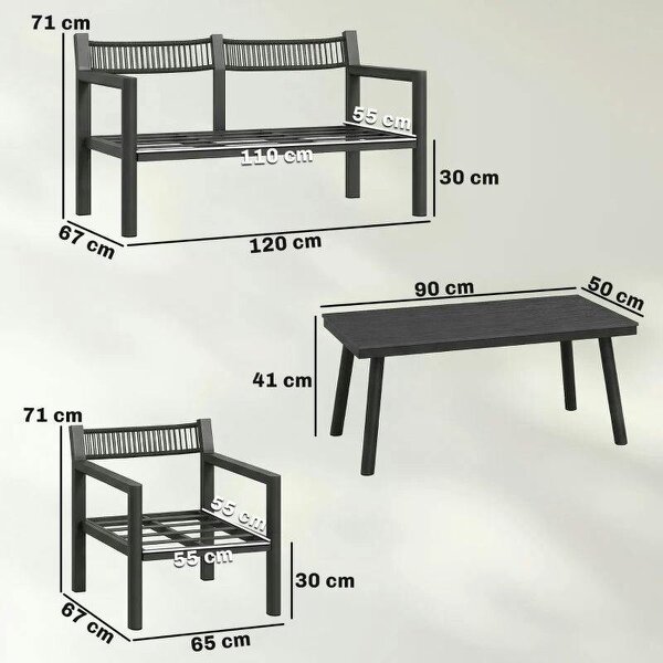 4 Seater Rattan Garden Furniture Set with 2 Armchairs, Loveseat, Coffee Table, Garden Sofa Set with Cushions, Dark Grey
