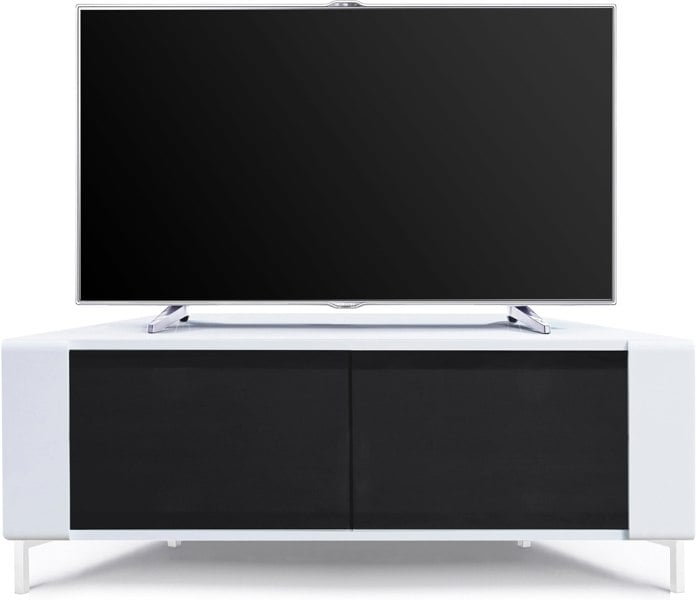 MDA Designs CORVUS Corner-Friendly Gloss White Contemporary Cabinet with White Profiles Black BeamThru Glass Doors for Flat Screen TVs up to 50"