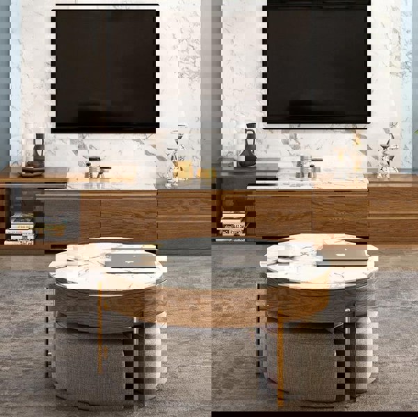 Josiah Round Lift-Top Coffee Table With 3 Small Benches, Linen-Weilai Concept-Weilai Concept