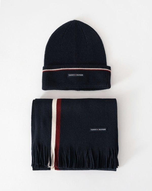 Tommy Hilfiger TH Wool Beanie & Scarf Gift Set - Space Blue - CHO - Designer Mens Gift Sets