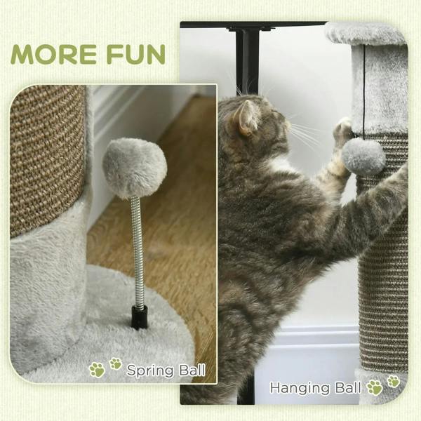Grey scratching post with sisal rope panel and hanging plush ball on a string, plus spring ball