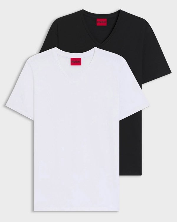 HUGO-V 2-Pack Mens V-Neck T-Shirts in Stretch Cotton  - White/Black 960