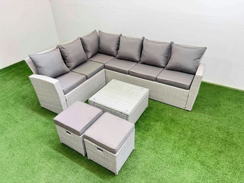 Fimous Outdoor Rattan Garden Furniture Set 8 Seater Corner Sofa Sets with Square Coffee Table 2 Small Footstools Light Grey Mixed