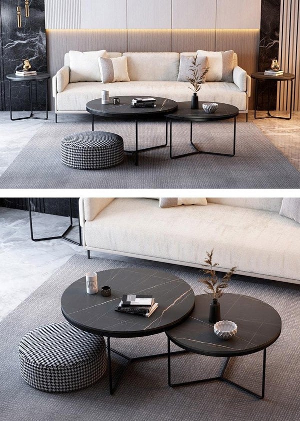 Iver Stone Round Nesting Coffee Table Set, Black & White-Weilai Concept-Weilai Concept