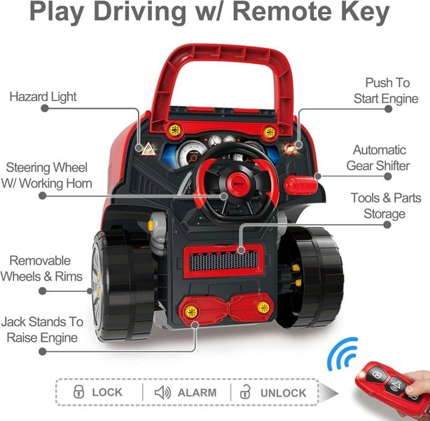 deAO Toys Role-Play Mechanic Toy Truck – Disassemble & Build with Remote, Sound & Light, Red, Educational Gift for Children Ages 3–6