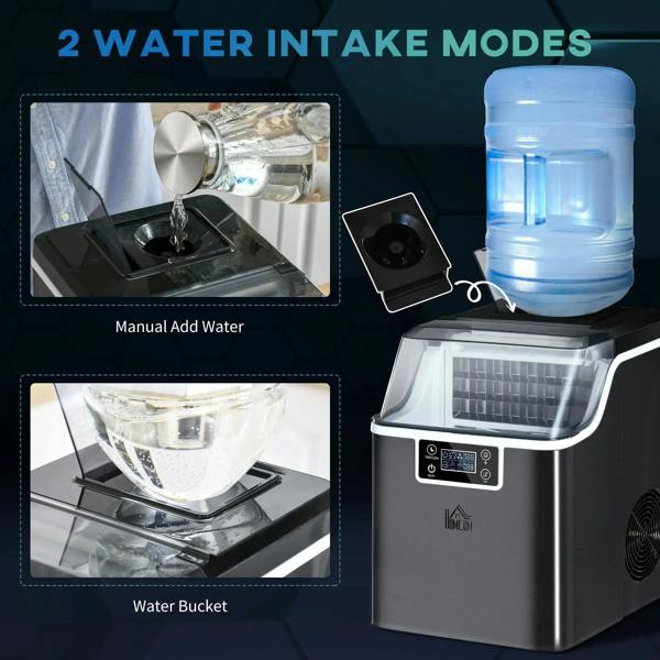 Black ice machine showing two water intake modes with bucket and water container