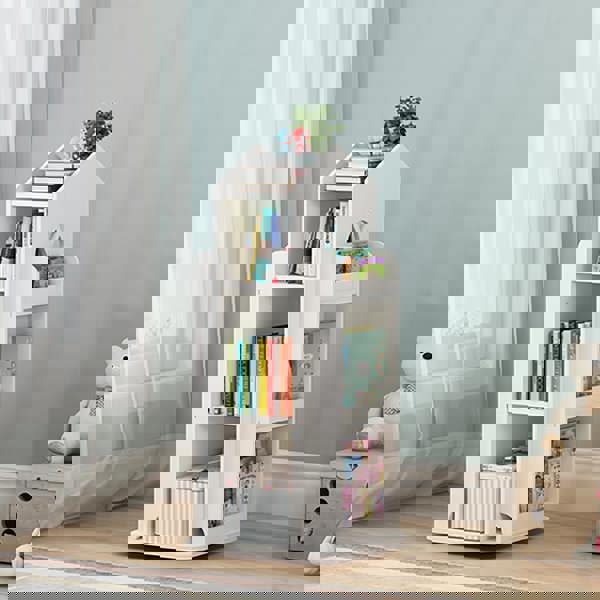 Living and Home House Frame Rotating Bookshelf Storage Rack - White