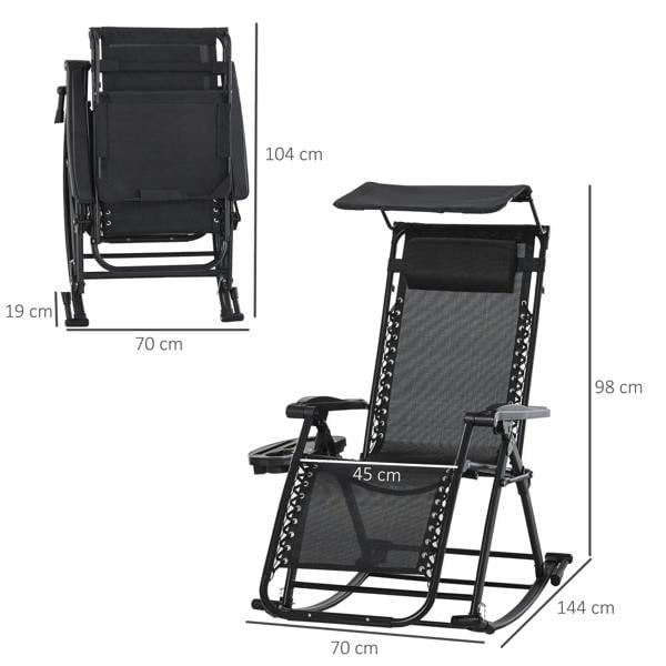 Black folding rocking recliner lounger chair with adjustable back and headrest