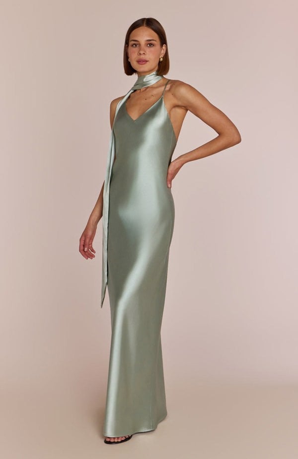 Rewritten London Brooklyn Dress in Sage Green Satin