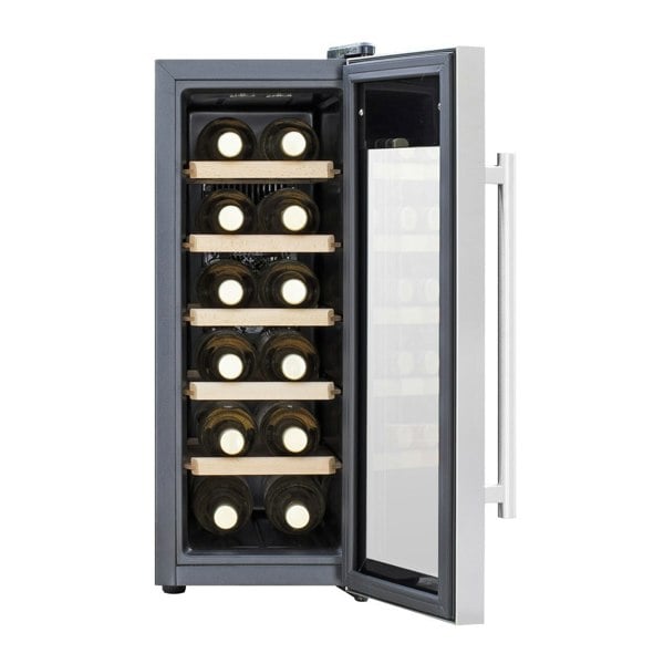 12 Bottle Freestanding Wine Cooler Fridge LED Backlit Metal Shelf STEEL & GLASS - LoopsDirect