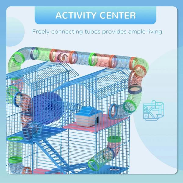 Blue multi-level hamster cage with tube tunnel, platforms, and exercise wheel