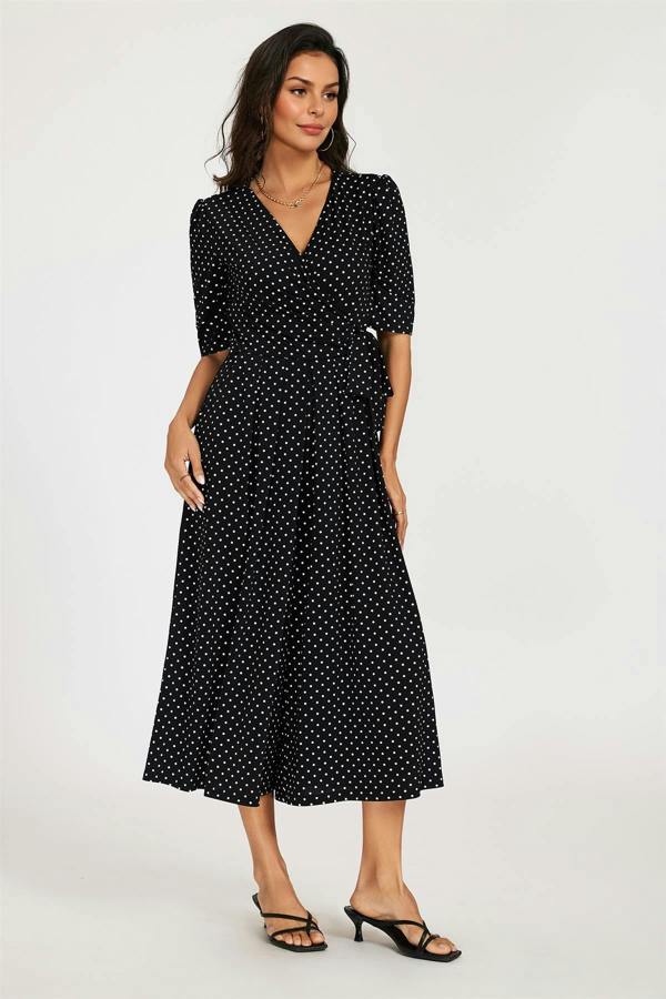 FS Collection Dot Print Short Sleeve Jersey Jumpsuit In Black