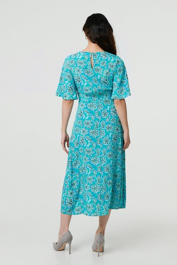 Green | Floral 1/2 Flare Sleeve Midi Dress
