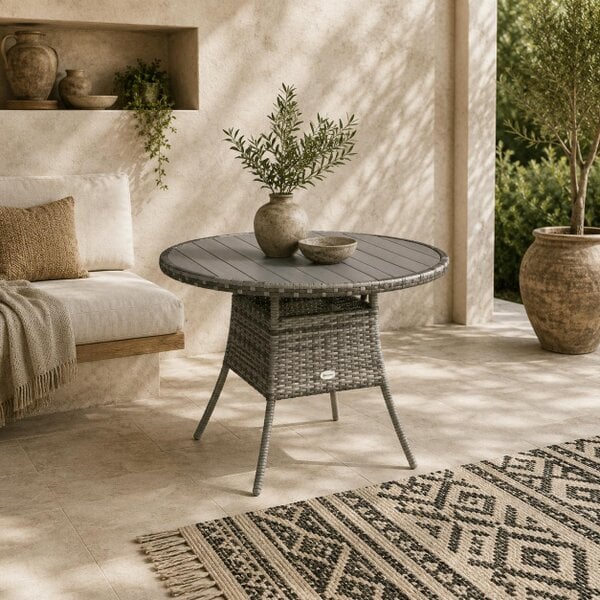 Wyld Haus Ladido 90cm Grey Rattan Wood Effect Outdoor Dining Table