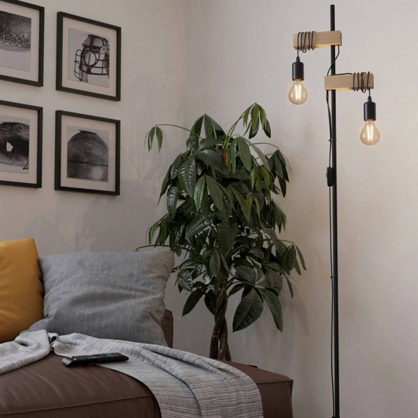 EGLO Townshend 5 Black Metal And Natural Wood 2-Light Floor Lamp - Industrial Style (D) 25cm