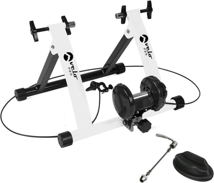 Velo Pro White Magnetic Turbo Trainer with sturdy black and white frame, adjustable resistance, and included quick-release skewer for bikes