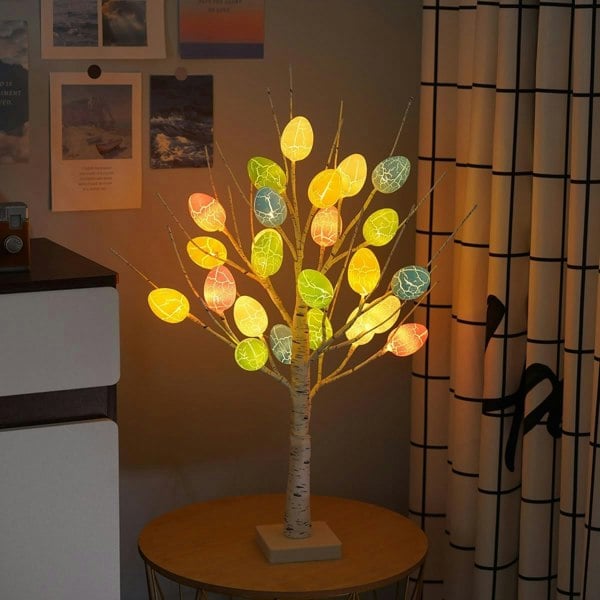 24 LED Easter Tree with Colourful Egg Decorations – Birch Twig Tree, Battery or USB Powered, Easter Table Decor Gift