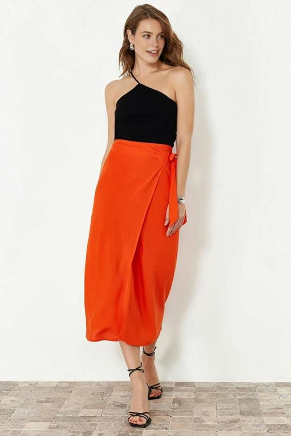 WOVCOR Double Breasted Maxi Length Woven Skirt with Tie Detail