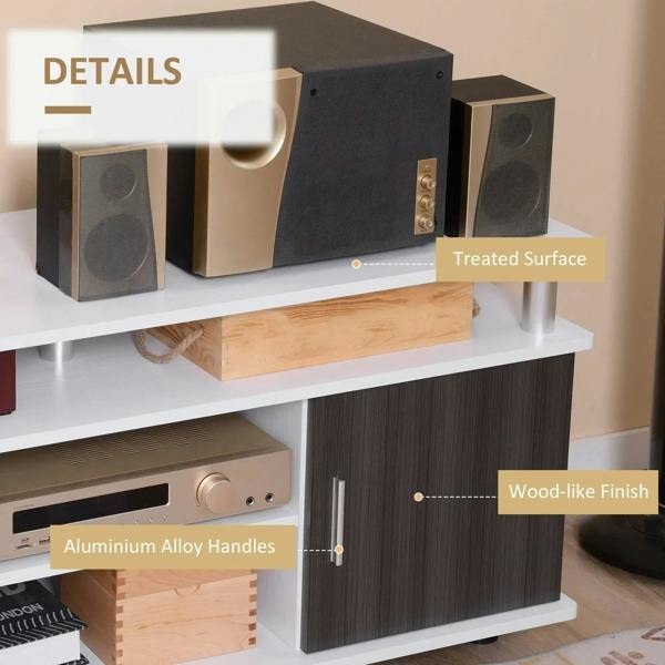 TV cabinet front detail with aluminum alloy handles and wood-like dark gray panels