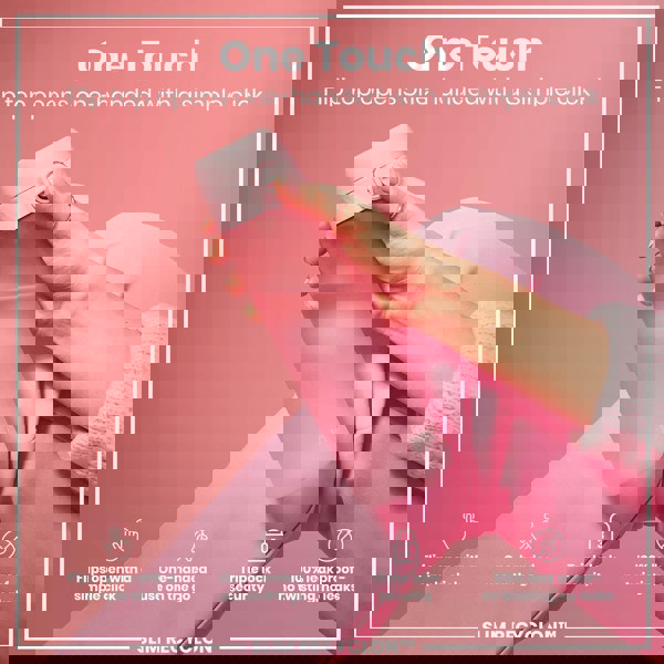 A pink water bottle is held; its flip top opens with a single click. The context is a pink background with additional product information.