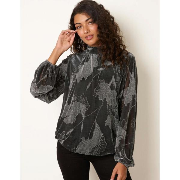 Blue Vanilla Metallic Floral High Neck Puff Ball Blouse