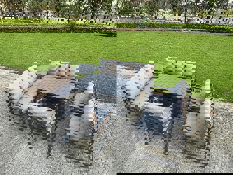 Fimous 9 Seater Aluminium Garden Furniture Set with Adjustable Rising Dining Table, 2 Sofas, Side Table & 3 Chairs - Grey