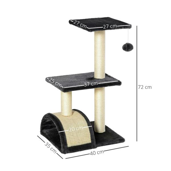 Black cat tree with three platforms, sisal scratching posts, and a hanging ball
