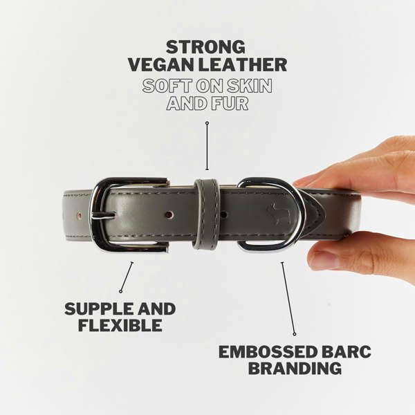 Ash Grey Dog Collar with three features noted - Strong leather, supple design and embossed branding.