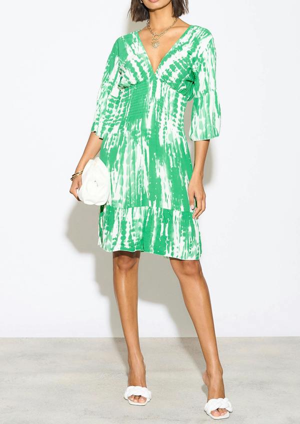 Hoxton Gal Oversized Shirred Waist Flutter Sleeve V Neck Mini Dress with Tie Dye Print Details in White and Green