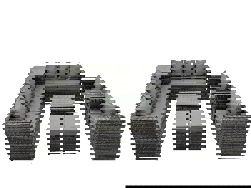 Fimous 10 Seater Garden Outdoor Rattan Furniture Set Patio Corner Sofa Rectangular Coffee Table with 2 Small Stool Dark Grey