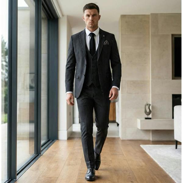 IM45 - Men's Classic Pinstripe 3 Piece Black Suit - TruClothing.com - 2
