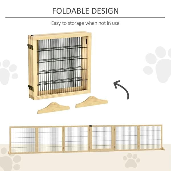 Foldable pet gate in natural wood with black wire mesh, with spare base panels shown.