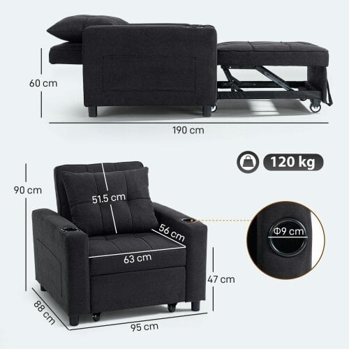 Wyld Haus Soliri Black Upholstered 3 In One Convertible Single Sofa Bed Tufted Cushion