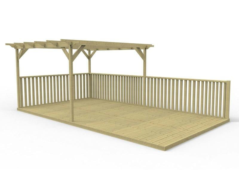 Rectangular pergola and decking kit with balustrade, made from pressure treated timber and high quality pergola posts, featuring a raised wooden deck, vertical slatted balustrade, and an open pergola roof frame.