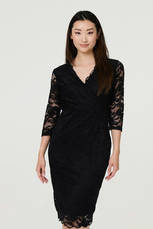 Black | Lace 3/4 Sleeve Faux Wrap Front Dress
