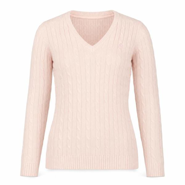 Rydale Emma V Neck cable knit jumper for ladies in Soft Pink
