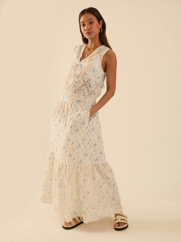 Rose & Nancy Nell White Cotton Printed Floral Lace Maxi Skirt