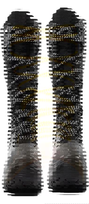 Grisport GriSport Dynamite Mens Tall Hi-Leg S3 Safety Steel Toe/Midsole Work Boots, front view of a black safety work boot with yellow and black laced strings and rugged sole design.