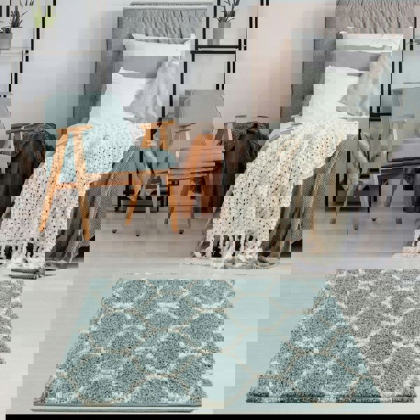 Trellis Design Thick Shaggy Area Rugs Duck Egg Blue