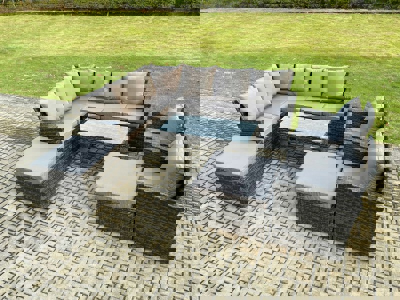 Fimous Outdoor Furniture Garden Dining Set Rattan Corner Sofa Set with 2 Armchairs 2 Big Footstool Dark Grey Mixed