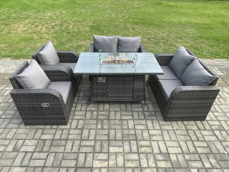 Fimous Rattan Outdoor Garden Furniture Sofa Set Gas Fire Pit Dining Table Gas Heater with Love Sofa Recling Chair 6 Seater Dark Grey Mixed