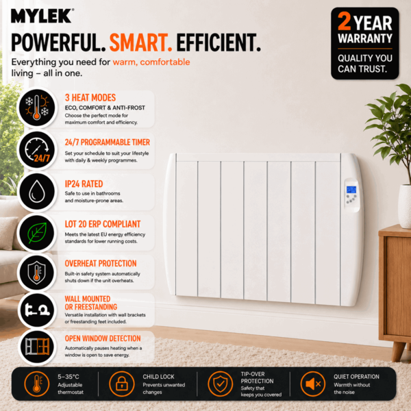 MYLEK Panel Heater Radiator 2000W Electric with Programmable Digital Timer