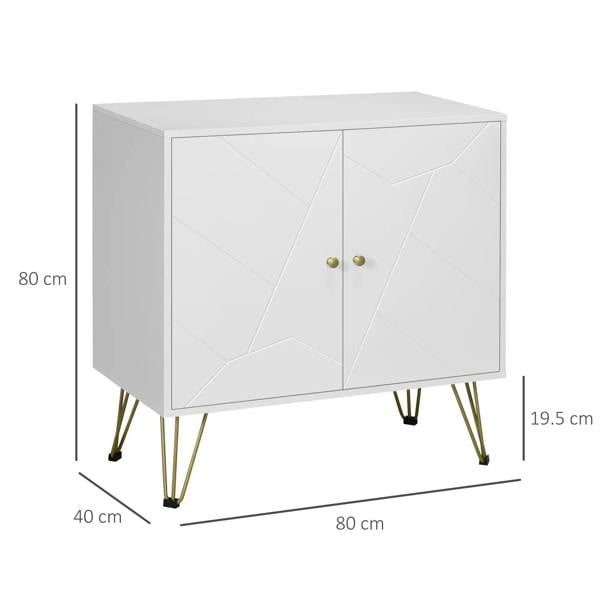 White slim sideboard cabinet with two doors, geometric panels, and brass hairpin legs